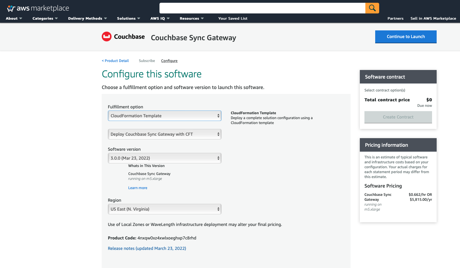 aws marketplace Sync Gateway Select CloudFormation as Fulfillment option